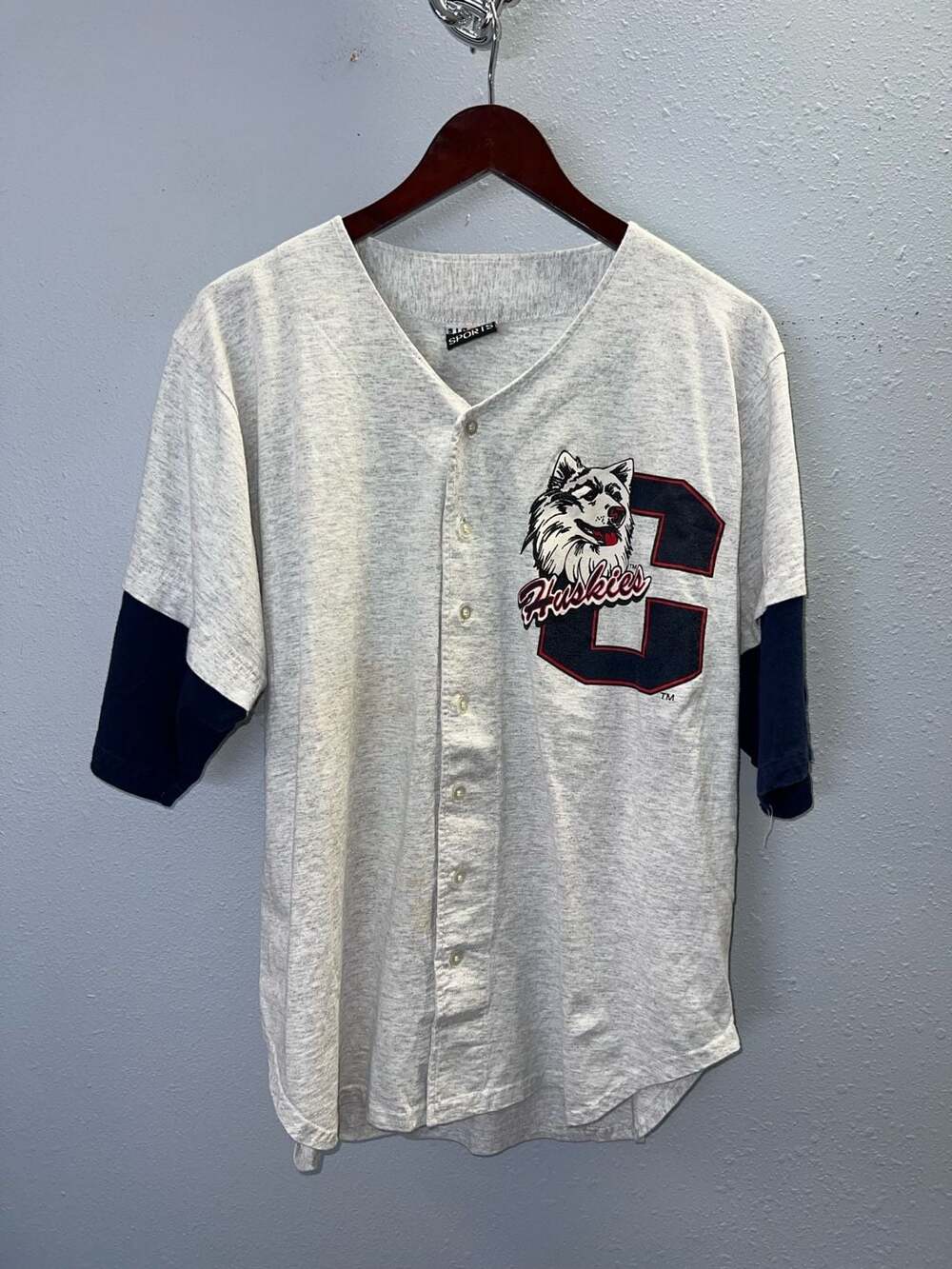 Vintage 90s UConn Huskies Baseball Jersey Button Up Signal Sports Large 0607